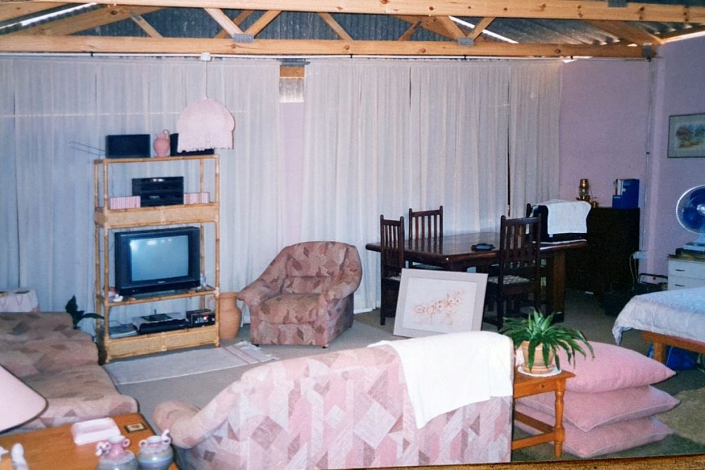 Inside Temporary living quarters while the house was built.
