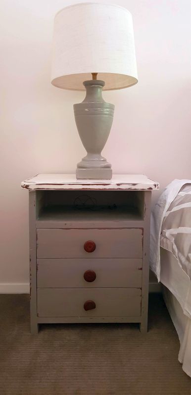 Bedside cabinet, lamp & shade refreshed with chalk paint