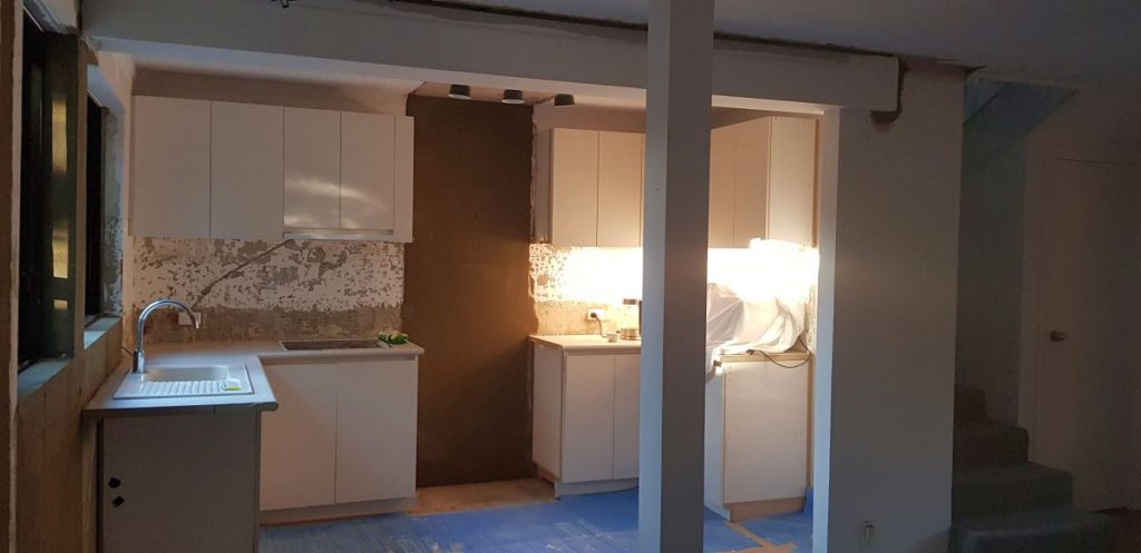 During open-plan kitchen renovation